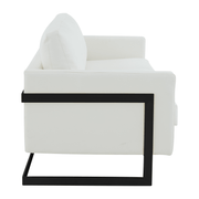 Lincoln 3-Seater Sofa Upholstered in Velvet/Leather with Black/Silver/Gold Steel Base Leather Black White Sofa LeisureMod