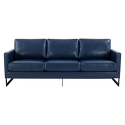 Lincoln 3-Seater Sofa Upholstered in Velvet/Leather with Black/Silver/Gold Steel Base Leather Black Blue Sofa LeisureMod