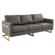Lincoln 3-Seater Sofa Upholstered in Velvet/Leather with Black/Silver/Gold Steel Base Leather Gold Grey Sofa LeisureMod