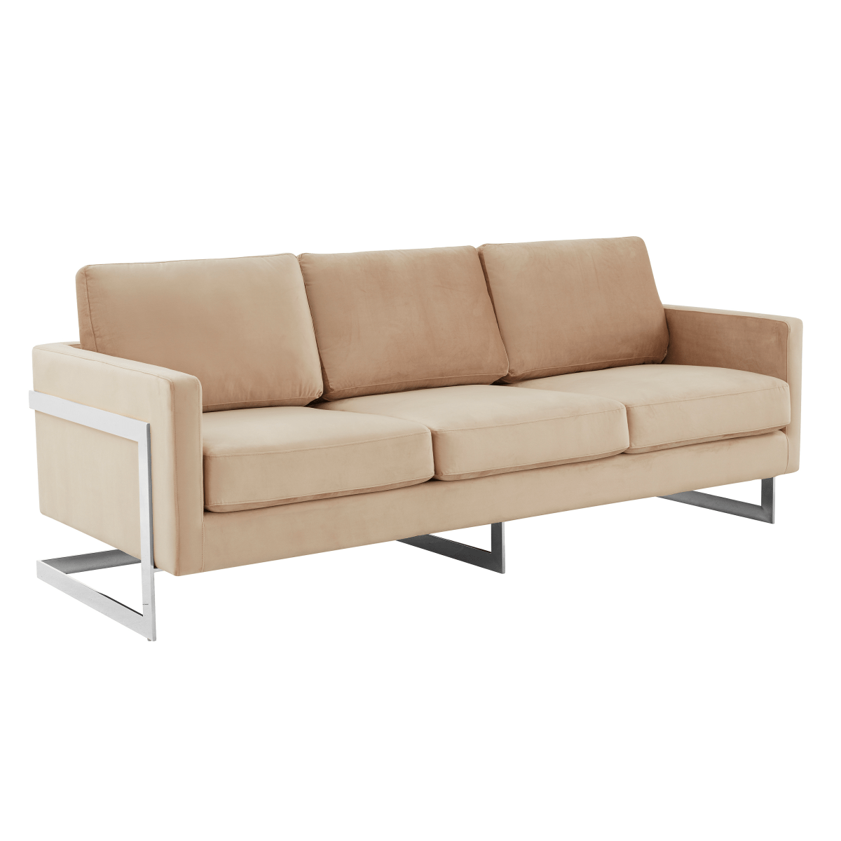 Lincoln 3-Seater Sofa Upholstered in Velvet/Leather with Black/Silver/Gold Steel Base Velvet Silver Beige Sofa LeisureMod
