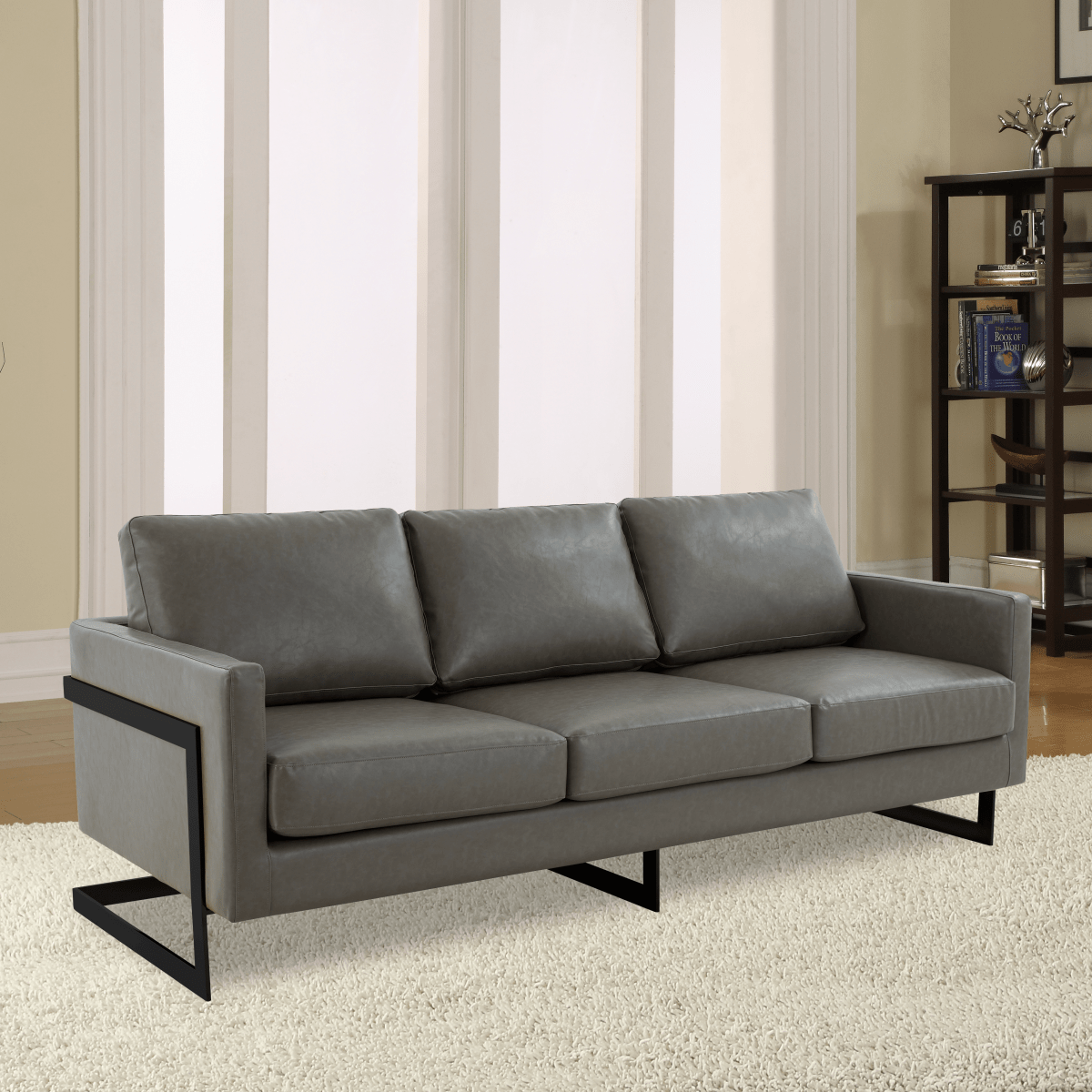 Lincoln 3-Seater Sofa Upholstered in Velvet/Leather with Black/Silver/Gold Steel Base Leather Black Grey Sofa LeisureMod
