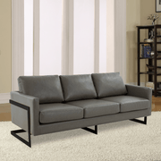 Lincoln 3-Seater Sofa Upholstered in Velvet/Leather with Black/Silver/Gold Steel Base Leather Black Grey Sofa LeisureMod