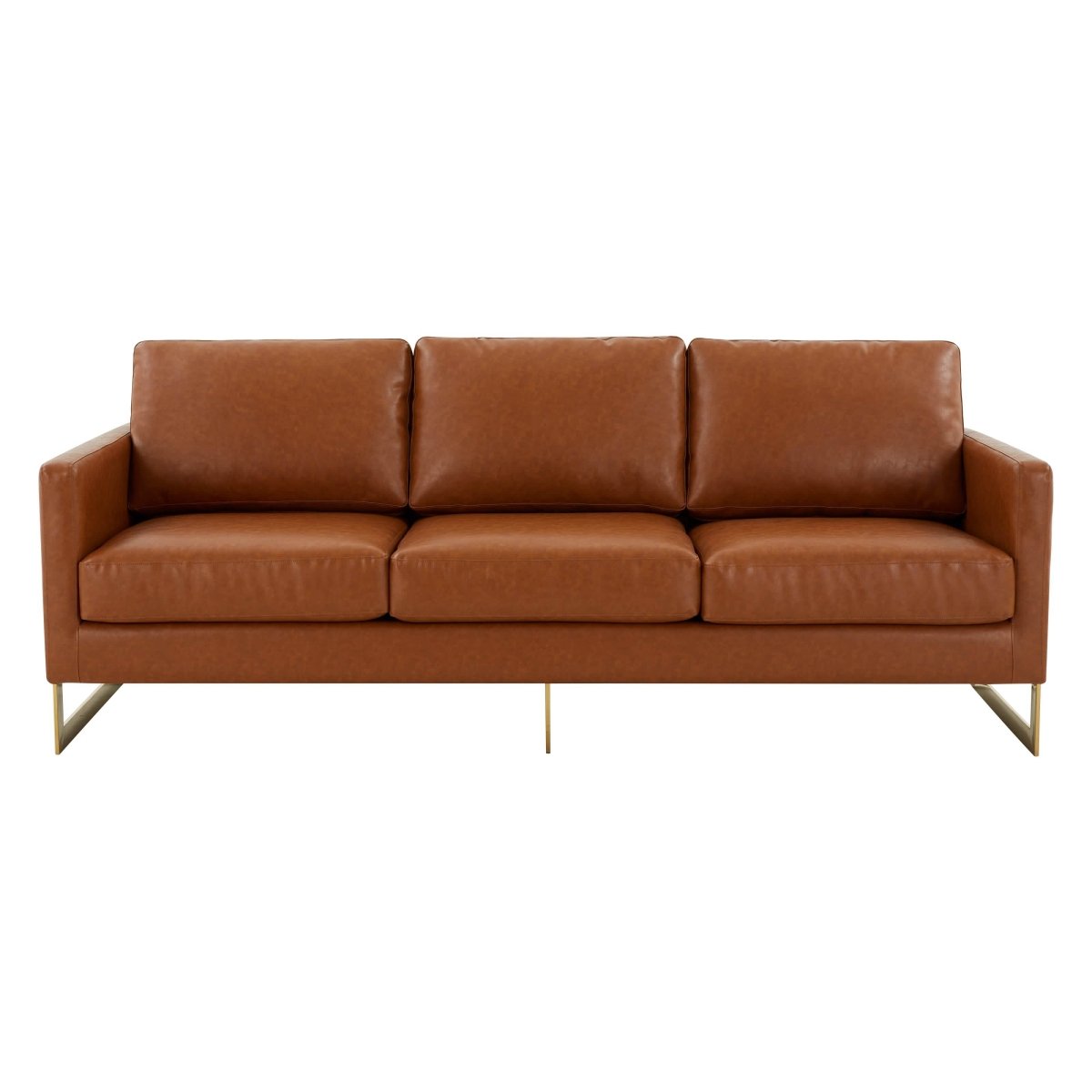 Lincoln 3-Seater Sofa Upholstered in Velvet/Leather with Black/Silver/Gold Steel Base Leather Gold Brown Sofa LeisureMod
