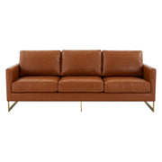 Lincoln 3-Seater Sofa Upholstered in Velvet/Leather with Black/Silver/Gold Steel Base Leather Gold Brown Sofa LeisureMod