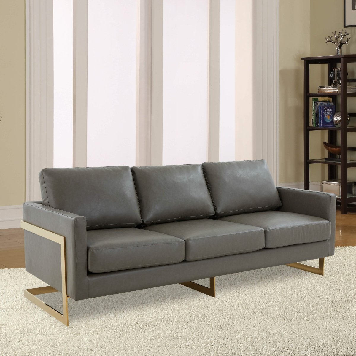 Lincoln 3-Seater Sofa Upholstered in Velvet/Leather with Black/Silver/Gold Steel Base Leather Gold Grey Sofa LeisureMod