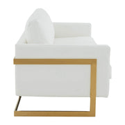 Lincoln 3-Seater Sofa Upholstered in Velvet/Leather with Black/Silver/Gold Steel Base Leather Gold White Sofa LeisureMod