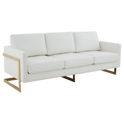 Lincoln 3-Seater Sofa Upholstered in Velvet/Leather with Black/Silver/Gold Steel Base Leather Gold White Sofa LeisureMod