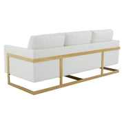 Lincoln 3-Seater Sofa Upholstered in Velvet/Leather with Black/Silver/Gold Steel Base Leather Gold White Sofa LeisureMod