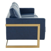 Lincoln 3-Seater Sofa Upholstered in Velvet/Leather with Black/Silver/Gold Steel Base Leather Gold Blue Sofa LeisureMod