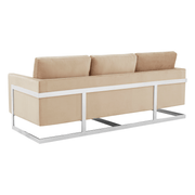 Lincoln 3-Seater Sofa Upholstered in Velvet/Leather with Black/Silver/Gold Steel Base Velvet Silver Beige Sofa LeisureMod