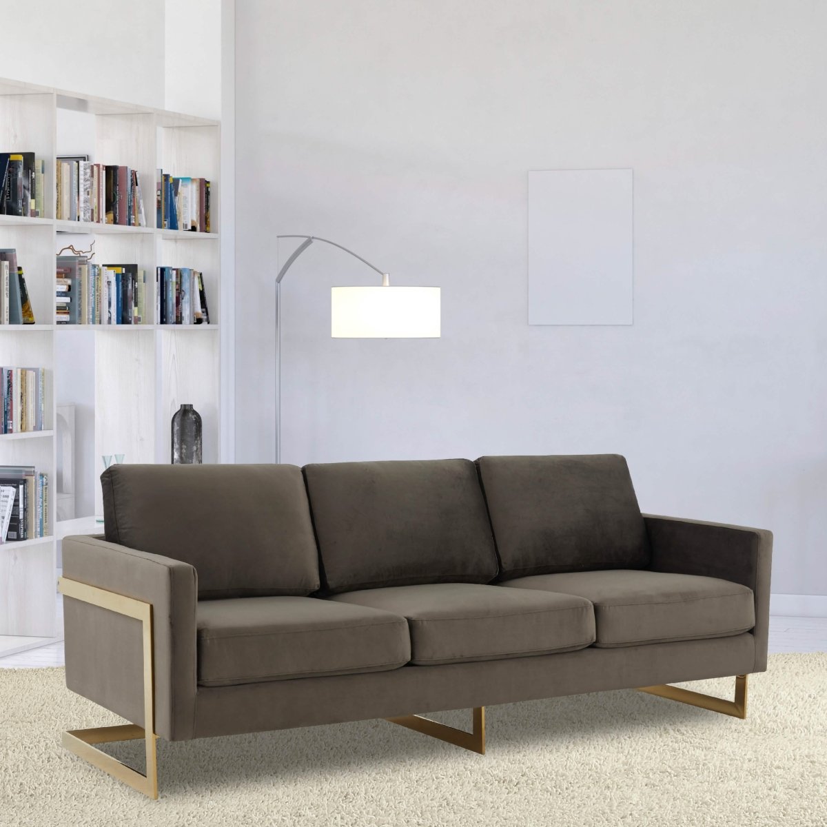 Lincoln 3-Seater Sofa Upholstered in Velvet/Leather with Black/Silver/Gold Steel Base Velvet Gold Dark Grey Sofa LeisureMod