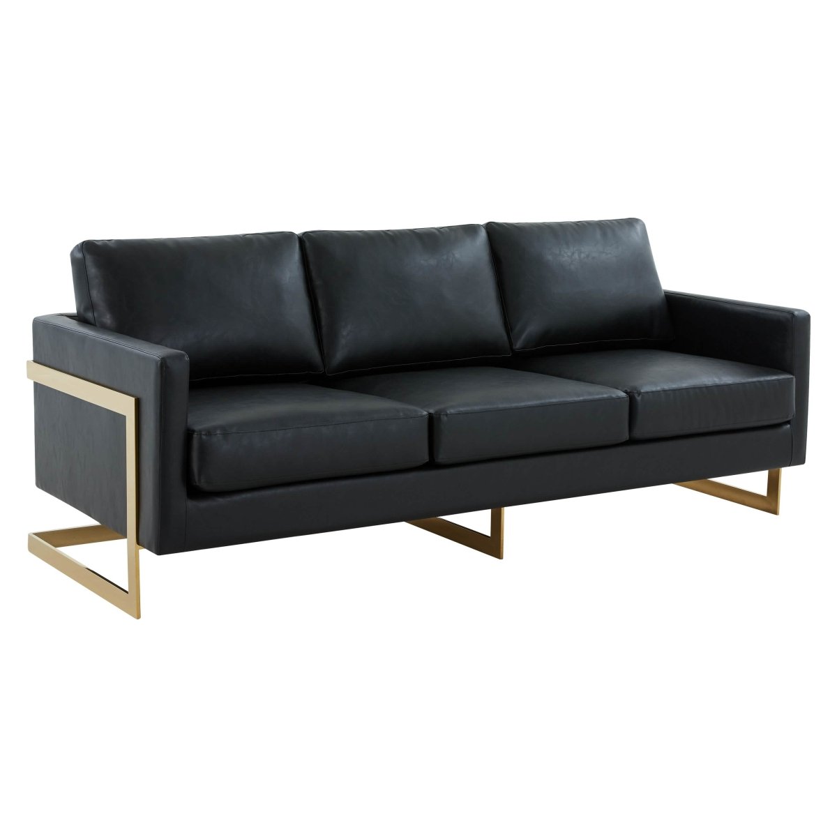 Lincoln 3-Seater Sofa Upholstered in Velvet/Leather with Black/Silver/Gold Steel Base Leather Gold Black Sofa LeisureMod