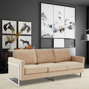 Lincoln 3-Seater Sofa Upholstered in Velvet/Leather with Black/Silver/Gold Steel Base Velvet Silver Beige Sofa LeisureMod