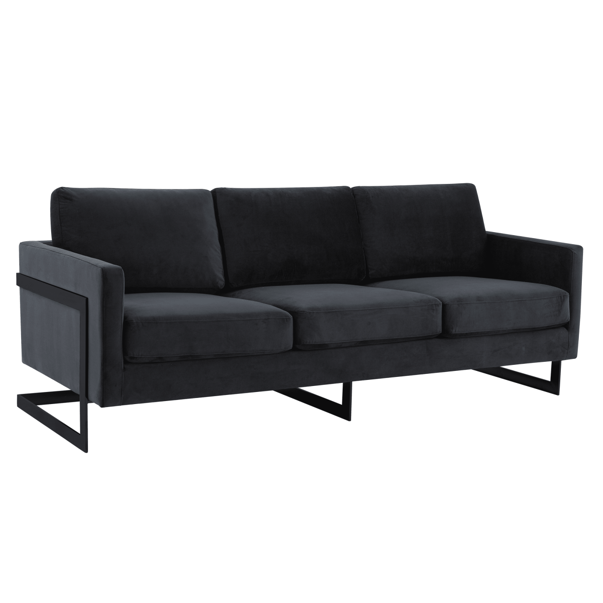 Lincoln 3-Seater Sofa Upholstered in Velvet/Leather with Black/Silver/Gold Steel Base Velvet Black Midnight Black Sofa LeisureMod