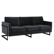 Lincoln 3-Seater Sofa Upholstered in Velvet/Leather with Black/Silver/Gold Steel Base Velvet Black Midnight Black Sofa LeisureMod