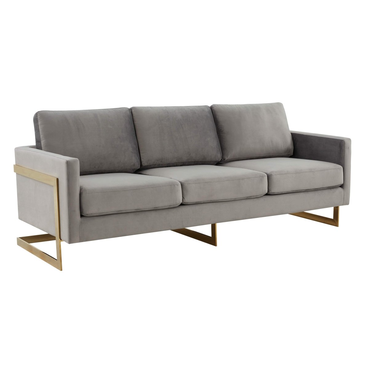 Lincoln 3-Seater Sofa Upholstered in Velvet/Leather with Black/Silver/Gold Steel Base Velvet Gold Light Grey Sofa LeisureMod
