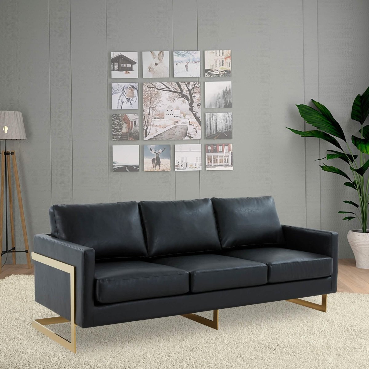 Lincoln 3-Seater Sofa Upholstered in Velvet/Leather with Black/Silver/Gold Steel Base Leather Gold Black Sofa LeisureMod
