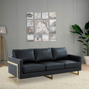 Lincoln 3-Seater Sofa Upholstered in Velvet/Leather with Black/Silver/Gold Steel Base Leather Gold Black Sofa LeisureMod
