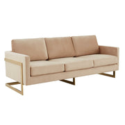 Lincoln 3-Seater Sofa Upholstered in Velvet/Leather with Black/Silver/Gold Steel Base Velvet Gold Beige Sofa LeisureMod