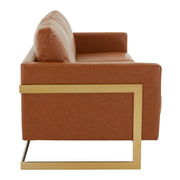 Lincoln 3-Seater Sofa Upholstered in Velvet/Leather with Black/Silver/Gold Steel Base Leather Gold Brown Sofa LeisureMod