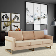 Lincoln 3-Seater Sofa Upholstered in Velvet/Leather with Black/Silver/Gold Steel Base Velvet Gold Beige Sofa LeisureMod
