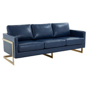 Lincoln 3-Seater Sofa Upholstered in Velvet/Leather with Black/Silver/Gold Steel Base Leather Gold Blue Sofa LeisureMod