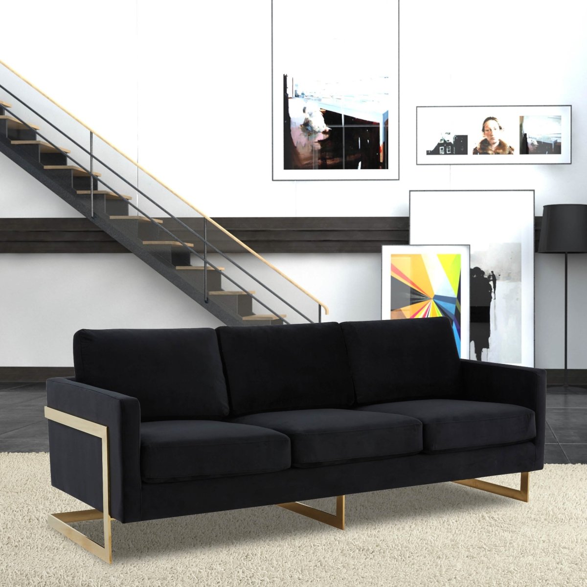 Lincoln 3-Seater Sofa Upholstered in Velvet/Leather with Black/Silver/Gold Steel Base Velvet Gold Beige Sofa LeisureMod
