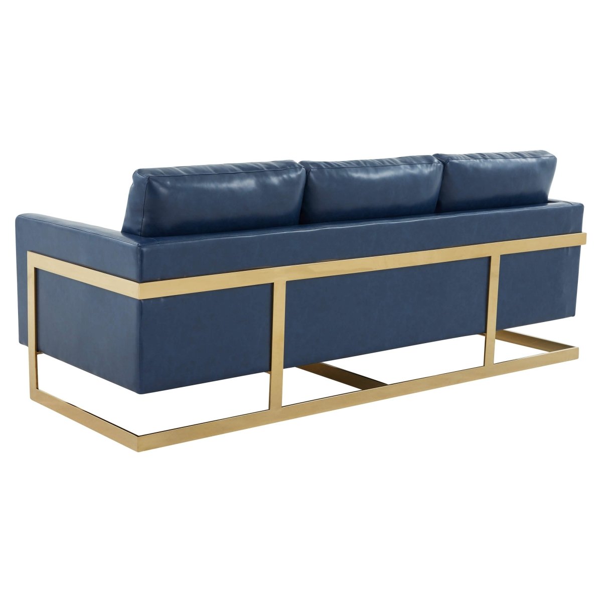 Lincoln 3-Seater Sofa Upholstered in Velvet/Leather with Black/Silver/Gold Steel Base Leather Gold Blue Sofa LeisureMod