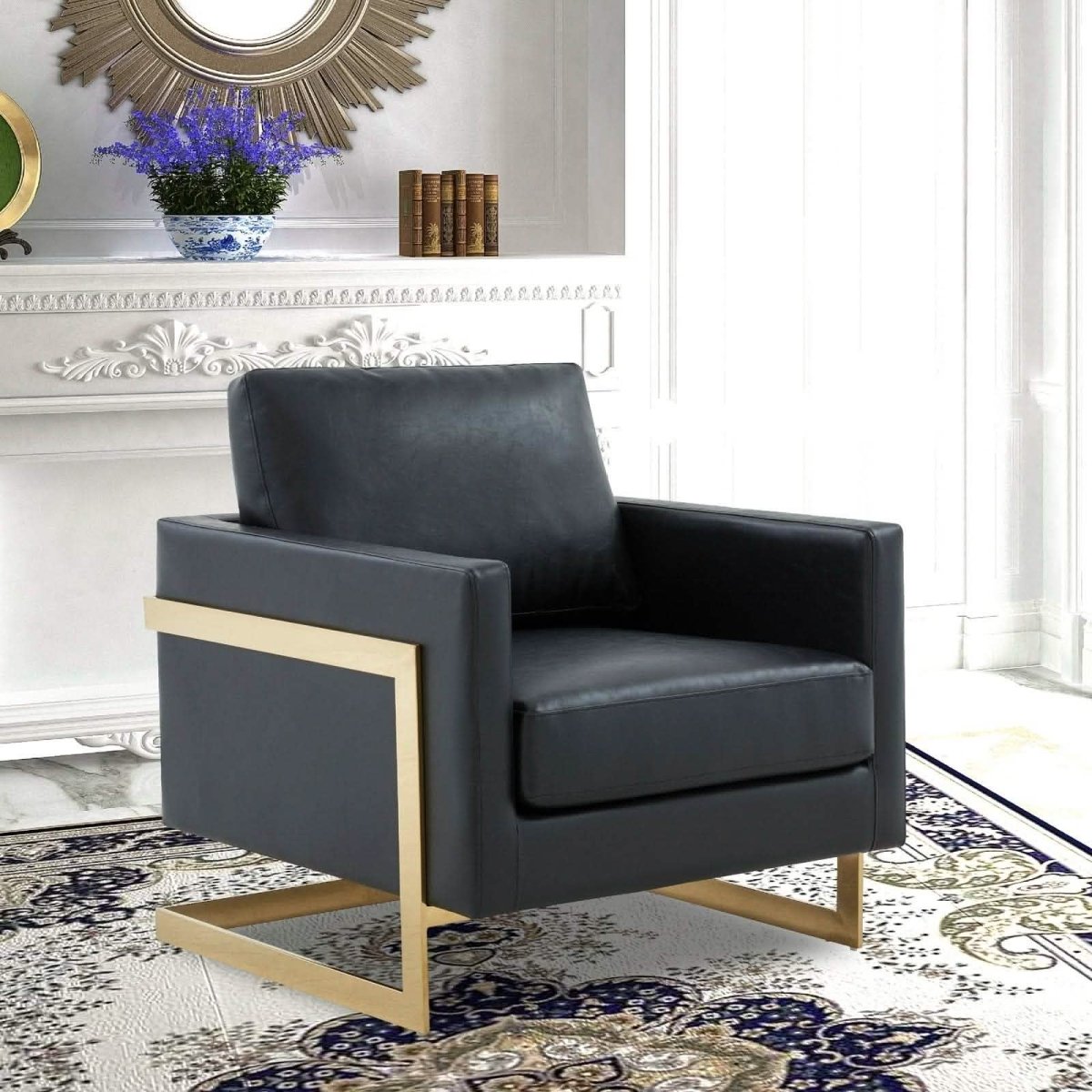 Lincoln Modern Upholstered in Fabric Single Seater Sofa With Gold/Black/White Metal Frame Leather Gold Black Sofa Leisuremod