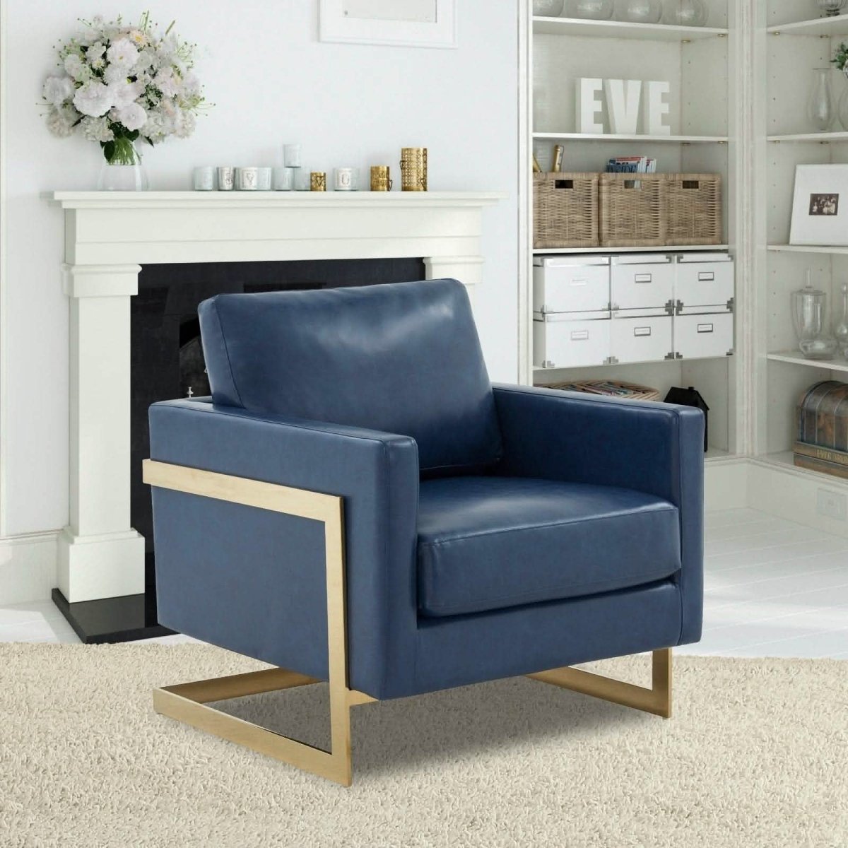 Lincoln Modern Upholstered in Fabric Single Seater Sofa With Gold/Black/White Metal Frame Leather Gold Navy Blue Sofa Leisuremod