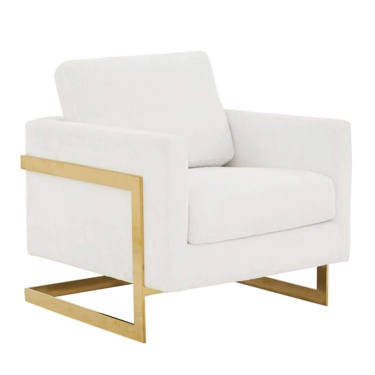 Lincoln Modern Upholstered in Fabric Single Seater Sofa With Gold/Black/White Metal Frame Boucle Gold White Sofa Leisuremod
