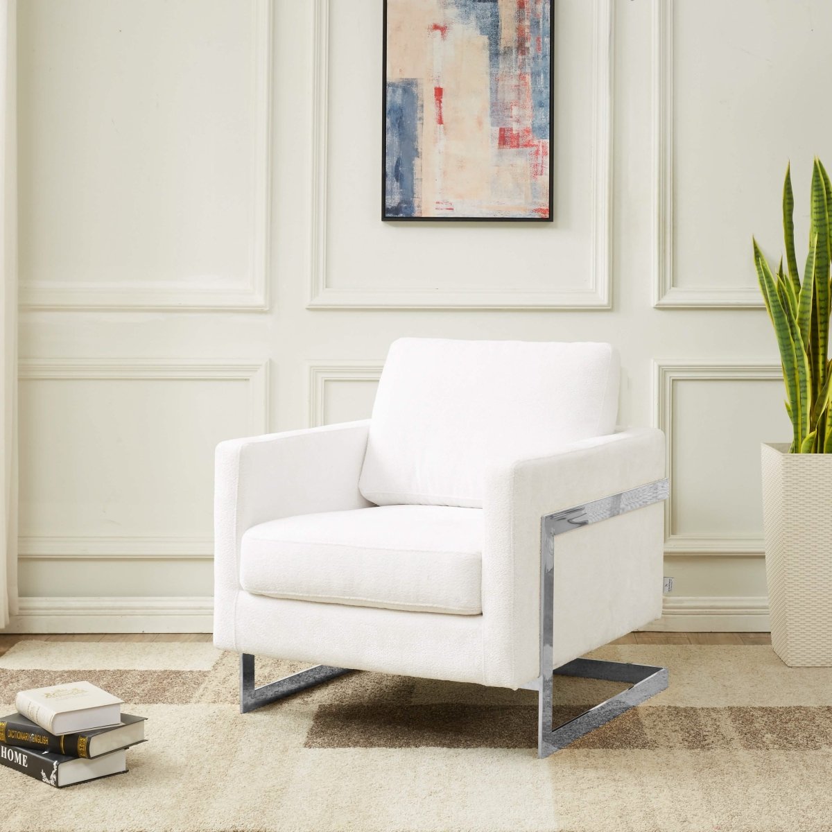 Lincoln Modern Upholstered in Fabric Single Seater Sofa With Gold/Black/White Metal Frame Boucle Silver White Sofa Leisuremod