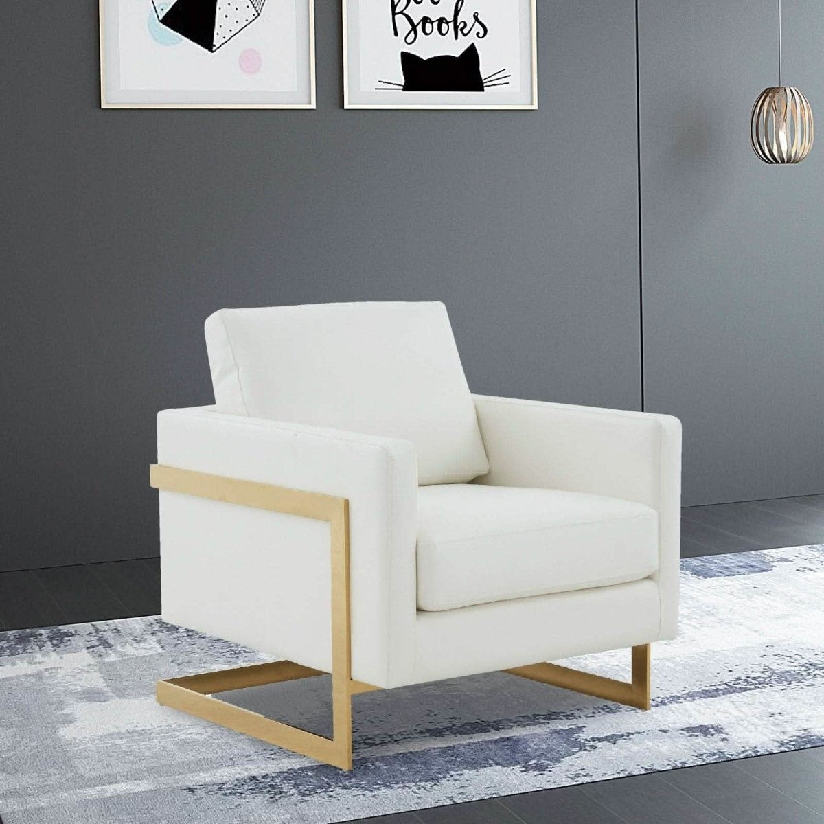 Lincoln Modern Upholstered in Fabric Single Seater Sofa With Gold/Black/White Metal Frame Leather Gold White Sofa Leisuremod