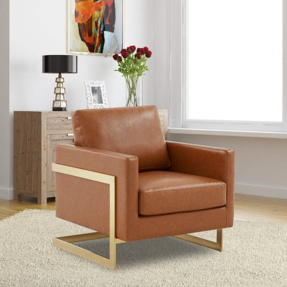 Lincoln Modern Upholstered in Fabric Single Seater Sofa With Gold/Black/White Metal Frame Leather Gold Cognac Tan Sofa Leisuremod