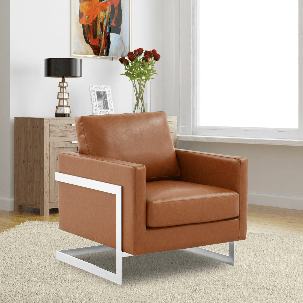 Lincoln Modern Upholstered in Fabric Single Seater Sofa With Gold/Black/White Metal Frame Leather Silver Cognac Tan Sofa Leisuremod