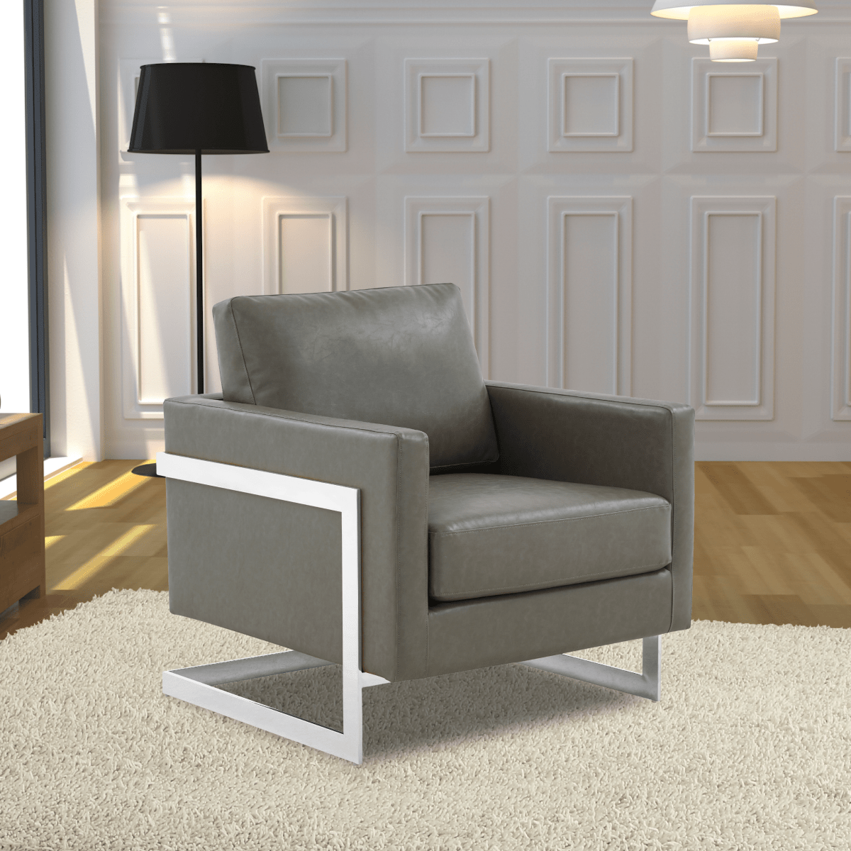 Lincoln Modern Upholstered in Fabric Single Seater Sofa With Gold/Black/White Metal Frame Leather Silver Grey Sofa Leisuremod