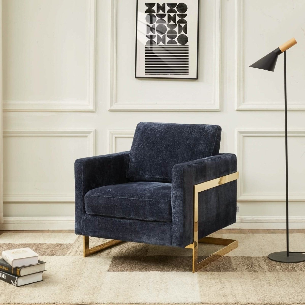 Lincoln Modern Upholstered in Fabric Single Seater Sofa With Gold/Black/White Metal Frame Boucle Gold Blue Sofa Leisuremod
