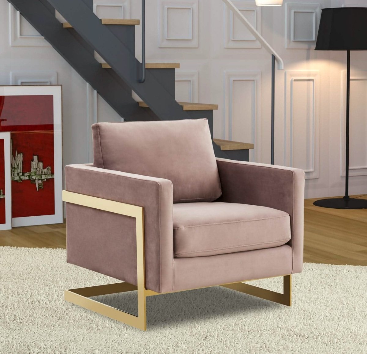 Lincoln Modern Upholstered in Fabric Single Seater Sofa With Gold/Black/White Metal Frame Velvet Gold Dark Grey Sofa Leisuremod