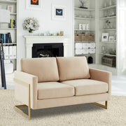 Lincoln Velvet/Leather Upholstered Loveseat with Gold/Black/Silver Steel Frame & Removable Cushions Velvet Gold Beige Sofa Leisuremod