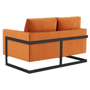 Lincoln Velvet/Leather Upholstered Loveseat with Gold/Black/Silver Steel Frame & Removable Cushions Velvet Black Light Grey Sofa Leisuremod