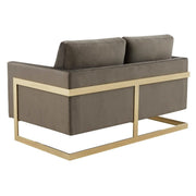 Lincoln Velvet/Leather Upholstered Loveseat with Gold/Black/Silver Steel Frame & Removable Cushions Velvet Gold Purple Sofa Leisuremod