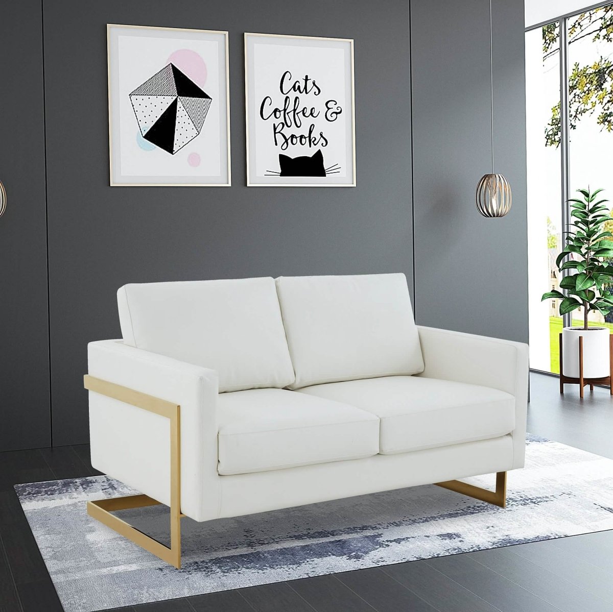 Lincoln Velvet/Leather Upholstered Loveseat with Gold/Black/Silver Steel Frame & Removable Cushions Leather Gold White Sofa Leisuremod