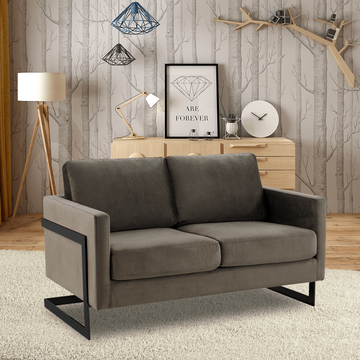 Lincoln Velvet/Leather Upholstered Loveseat with Gold/Black/Silver Steel Frame & Removable Cushions Velvet Black Dark Grey Sofa Leisuremod