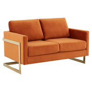Lincoln Velvet/Leather Upholstered Loveseat with Gold/Black/Silver Steel Frame & Removable Cushions Velvet Gold Orange Marmalade Sofa Leisuremod