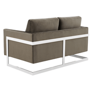 Lincoln Velvet/Leather Upholstered Loveseat with Gold/Black/Silver Steel Frame & Removable Cushions Velvet Silver Dark Grey Sofa Leisuremod