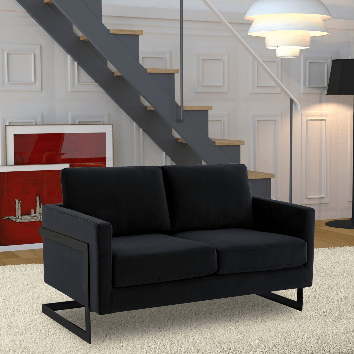 Lincoln Velvet/Leather Upholstered Loveseat with Gold/Black/Silver Steel Frame & Removable Cushions Velvet Black Beige Sofa Leisuremod