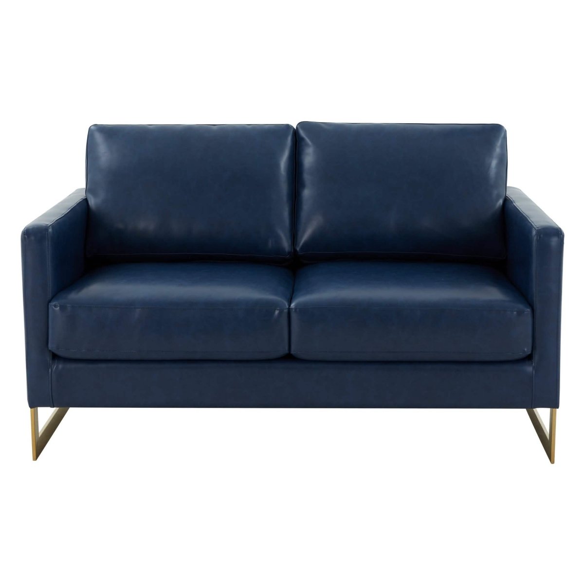 Lincoln Velvet/Leather Upholstered Loveseat with Gold/Black/Silver Steel Frame & Removable Cushions Leather Gold Navy Blue Sofa Leisuremod
