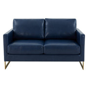 Lincoln Velvet/Leather Upholstered Loveseat with Gold/Black/Silver Steel Frame & Removable Cushions Leather Gold Navy Blue Sofa Leisuremod
