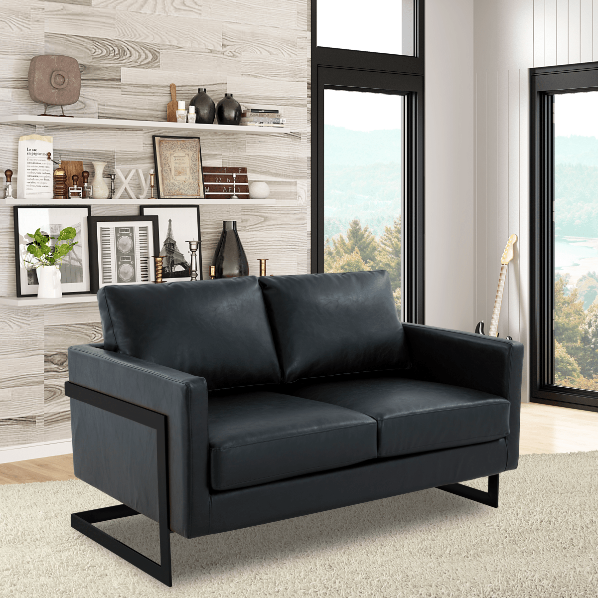 Lincoln Velvet/Leather Upholstered Loveseat with Gold/Black/Silver Steel Frame & Removable Cushions Leather Black Black Sofa Leisuremod