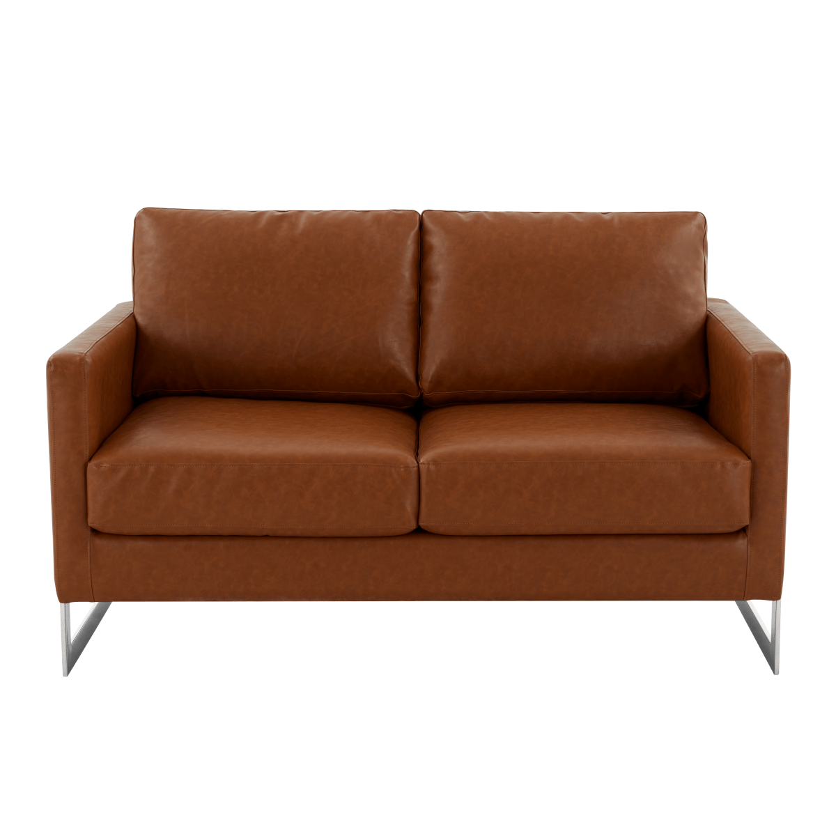 Lincoln Velvet/Leather Upholstered Loveseat with Gold/Black/Silver Steel Frame & Removable Cushions Leather Silver Cognac Tan Sofa Leisuremod